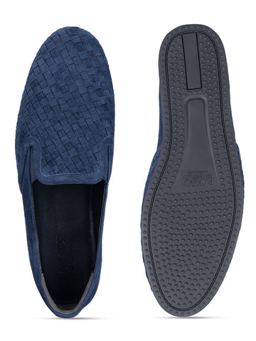 Navy Suede Woven Pattern Loafers