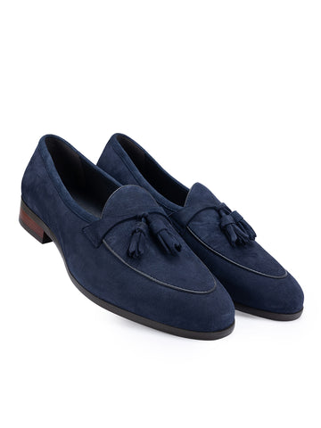 Navy Suede Loafers With Tassels