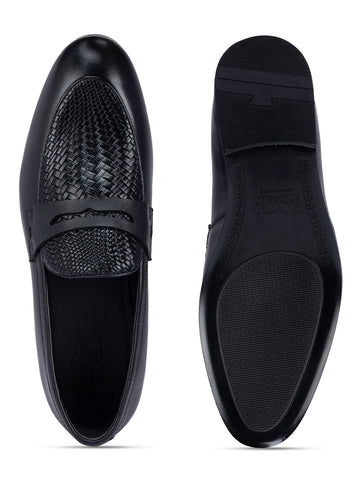 Black Textured Leather Loafers
