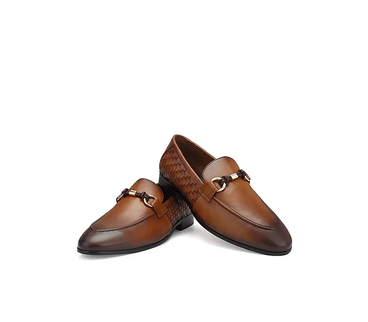 Tan Textured Loafers With Buckle