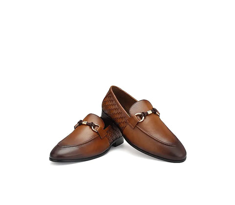 Tan Textured Loafers With Buckle