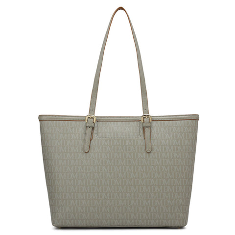 Medium Monogram Leather Tote - Stone Grey
