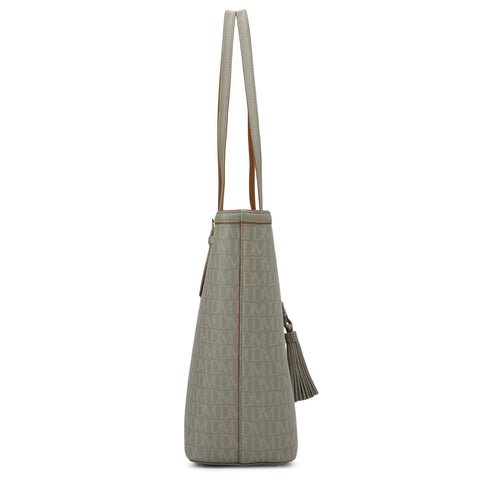 Medium Monogram Leather Tote - Stone Grey