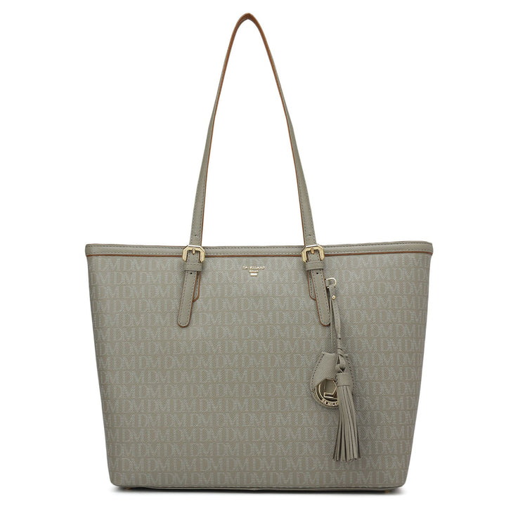 Medium Monogram Leather Tote - Stone Grey