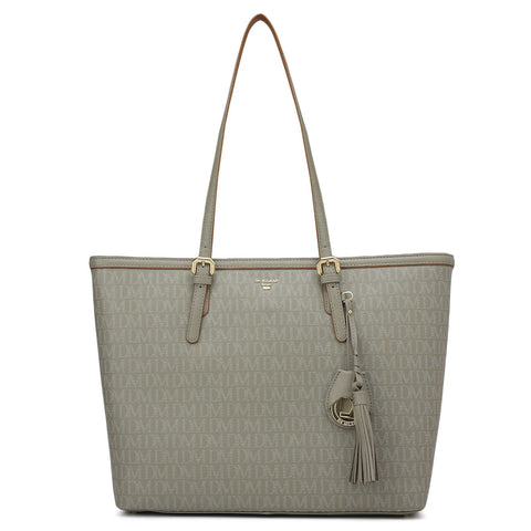 Medium Monogram Leather Tote - Stone Grey
