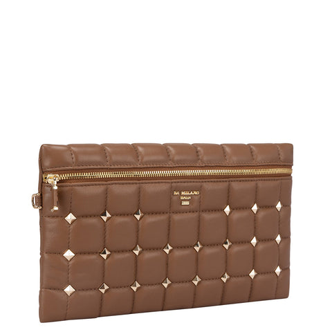 Small Quilting Leather Clutch - Cognac