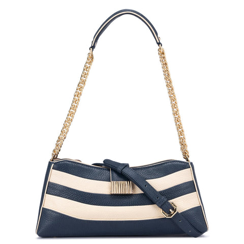 Small Wax Leather Shoulder Bag - Navy & Butter