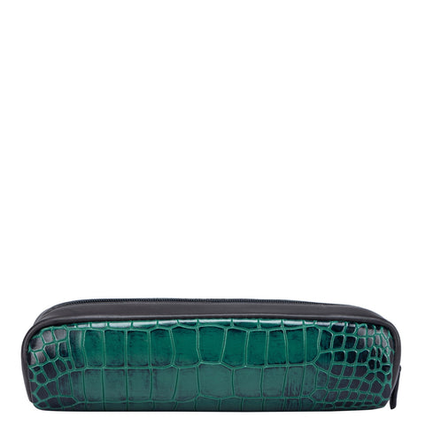Croco Plain Leather Multi Pouch - Green