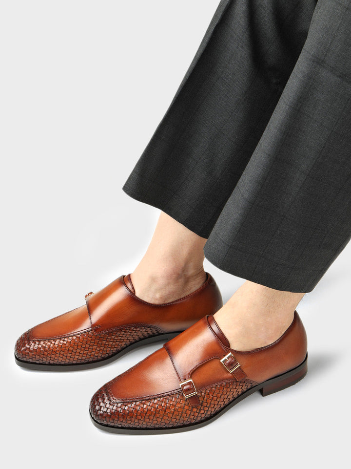 Tan Woven Textured Monk Straps