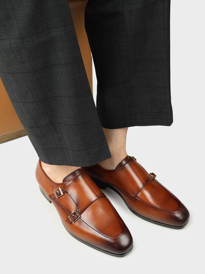 Tan Plain Leather Double Monk Straps