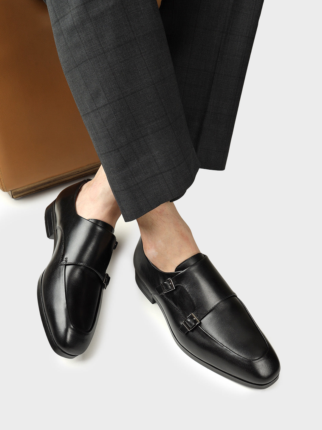 Black Plain Leather Double Monk Straps