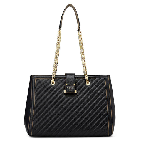 Medium Wax Stripe Leather Shoulder Bag - Black