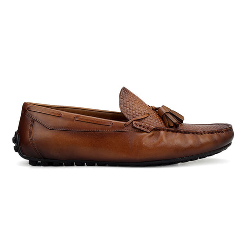 Tan Mat Textured Moccasins With Tassels