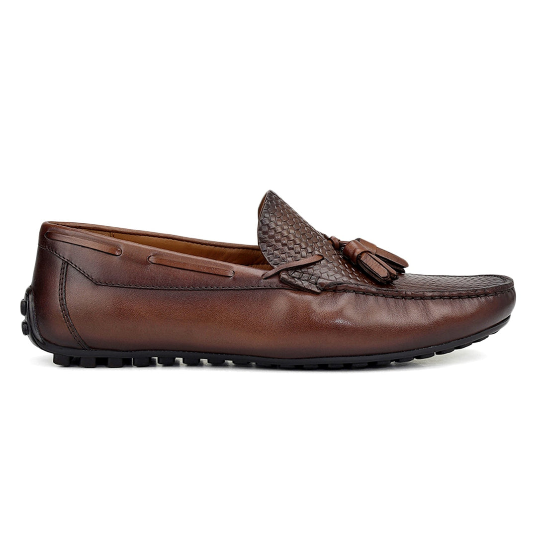 Brown Mat Textured Moccasins With Tassels