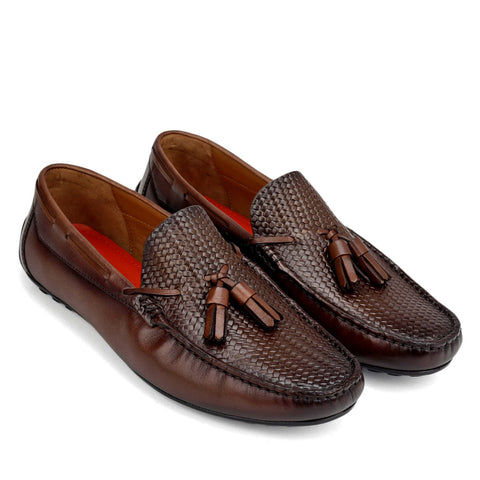 Brown Mat Textured Moccasins With Tassels