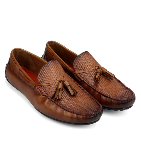Tan Mat Textured Moccasins With Tassels
