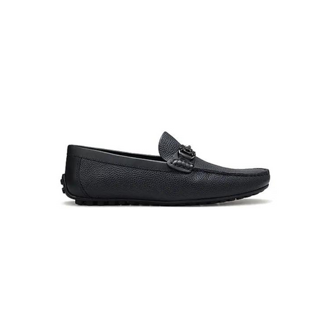 Navy Leather Moccasins With Buckle