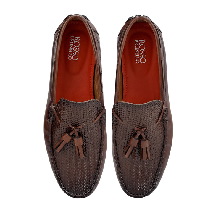 Brown Mat Textured Moccasins With Tassels
