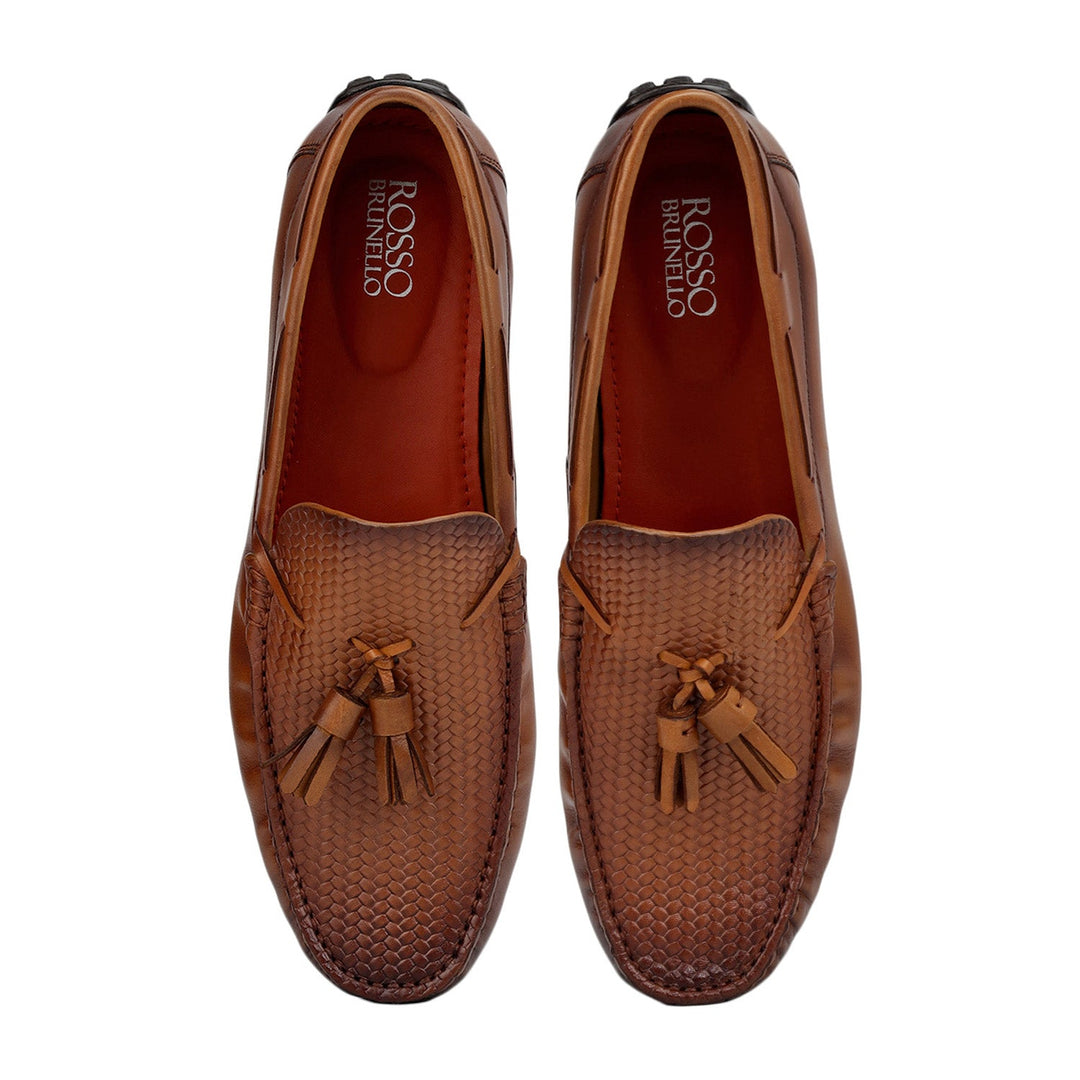Tan Mat Textured Moccasins With Tassels