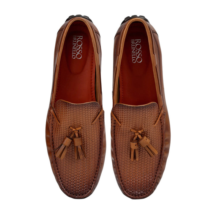 Tan Mat Textured Moccasins With Tassels