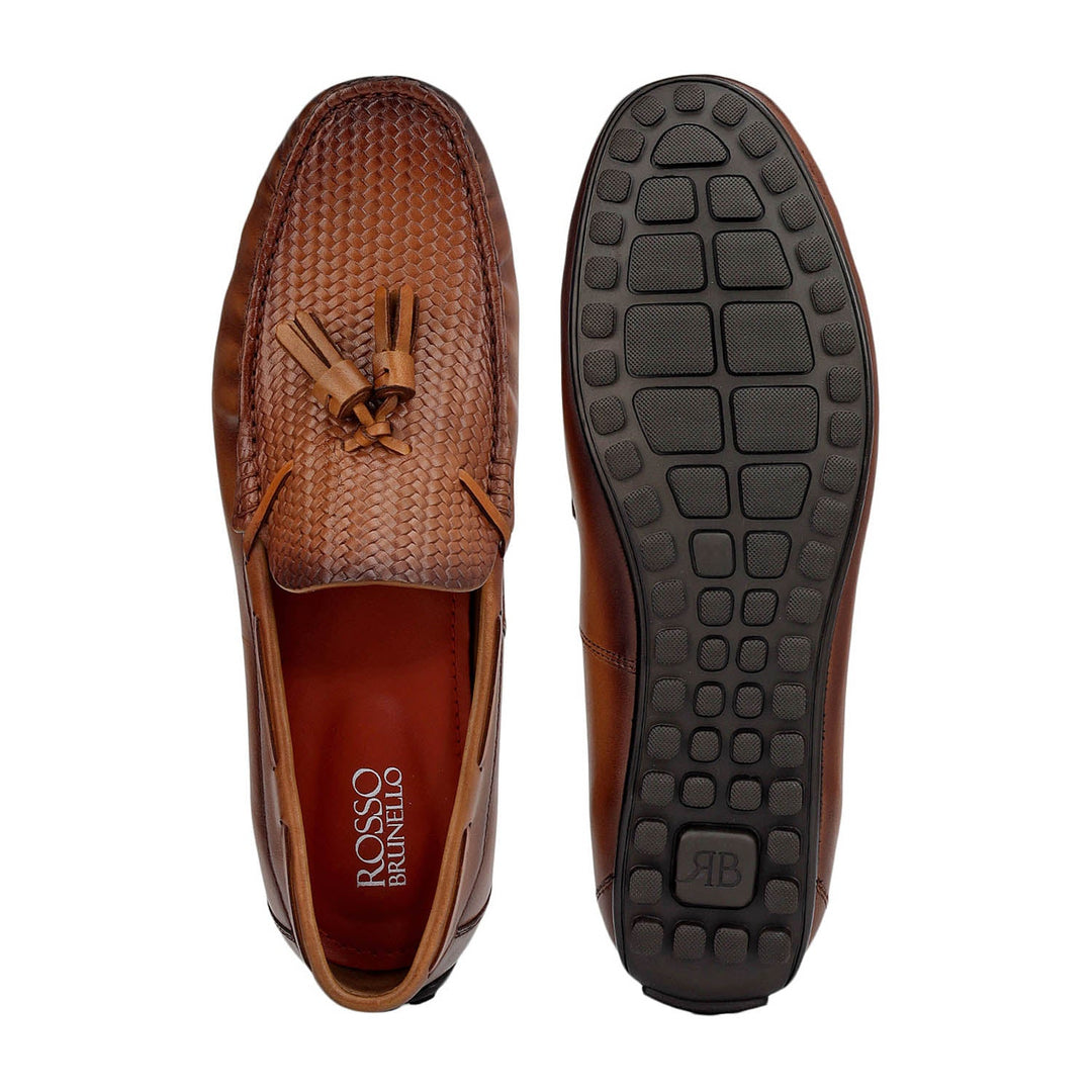 Tan Mat Textured Moccasins With Tassels
