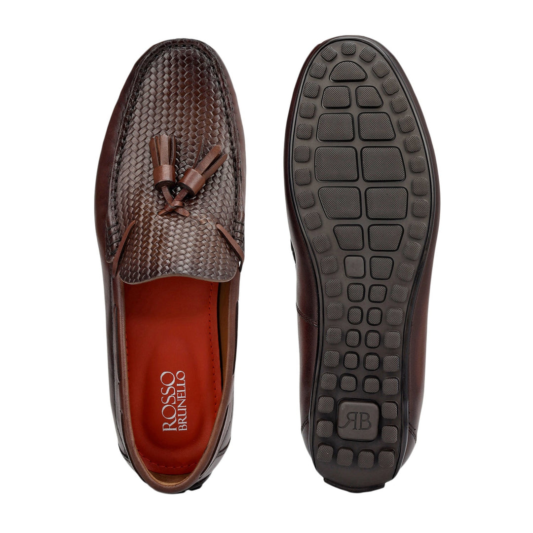 Brown Mat Textured Moccasins With Tassels
