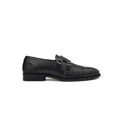 Black Textured Leather Monk Straps