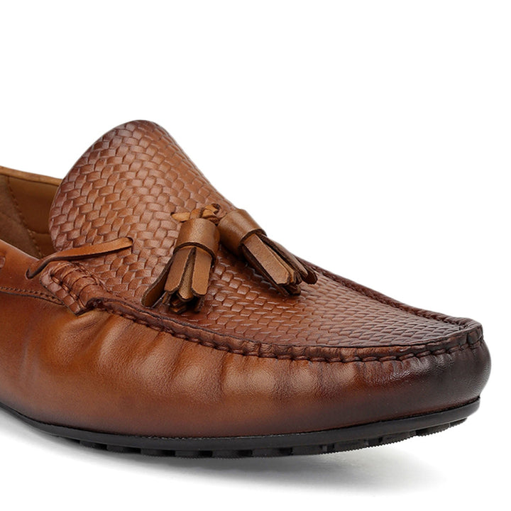 Tan Mat Textured Moccasins With Tassels