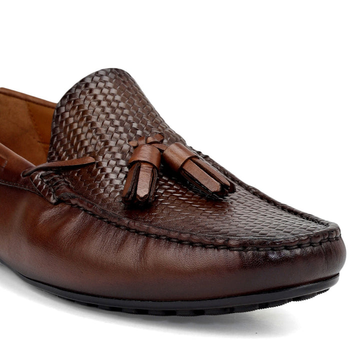 Brown Mat Textured Moccasins With Tassels