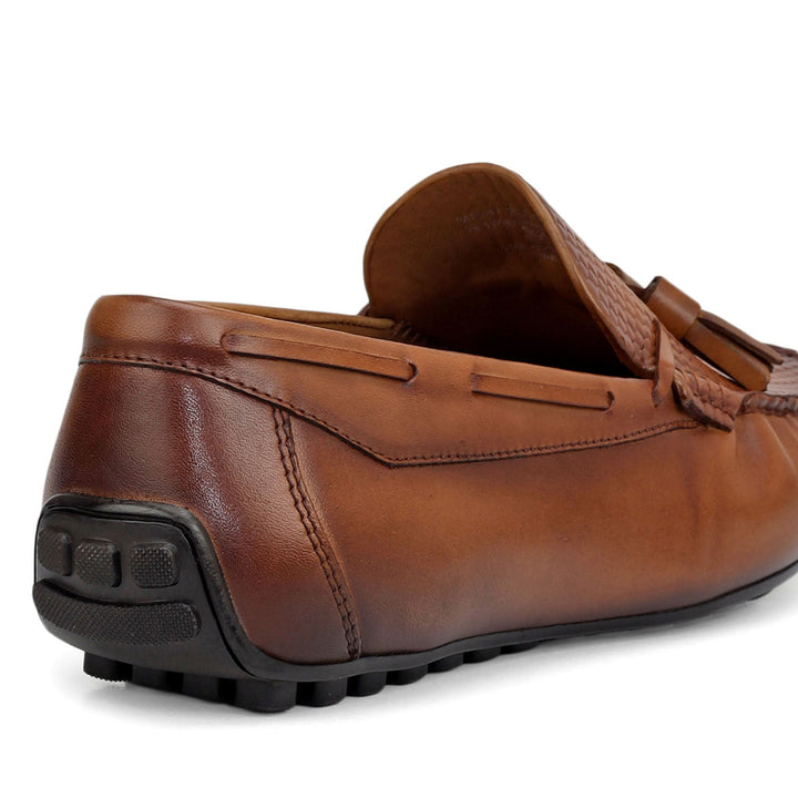 Tan Mat Textured Moccasins With Tassels