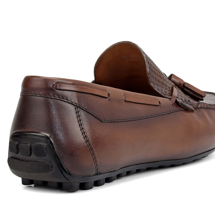 Brown Mat Textured Moccasins With Tassels