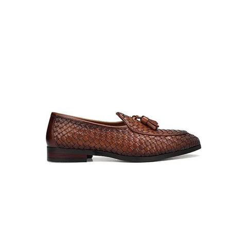 Tan Woven Leather Loafers With Tassels