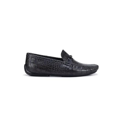 Grey Croco Textured Moccasins With Buckle