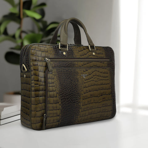 Croco Leather Laptop Bag - Military Green