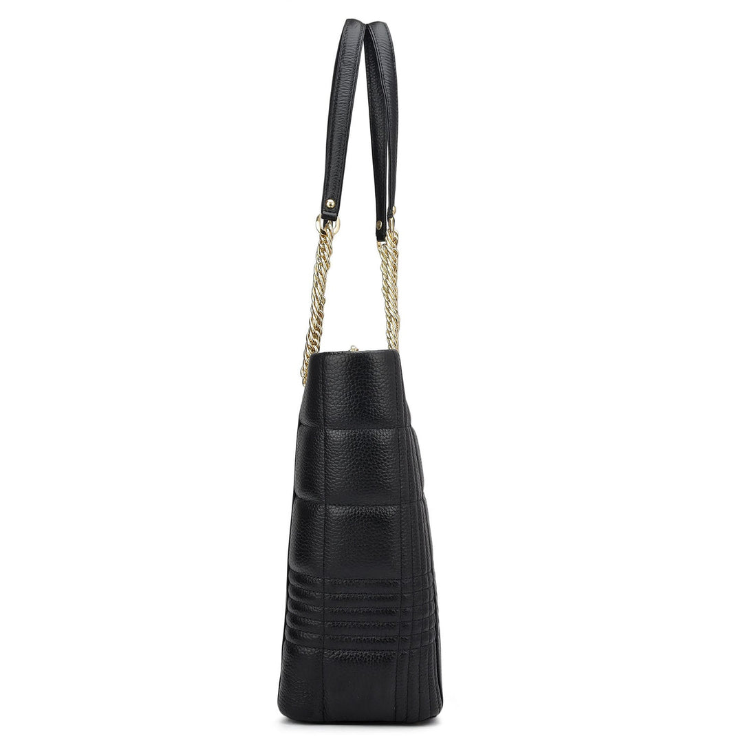Medium Wax Stripe Leather Tote - Black