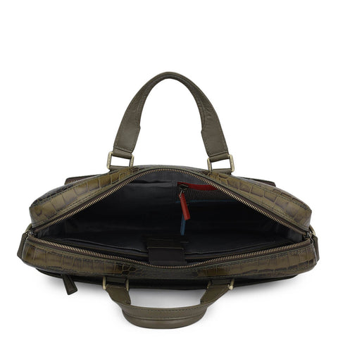 Croco Leather Laptop Bag - Military Green