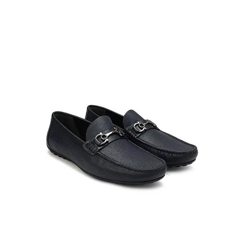 Navy Leather Moccasins With Buckle