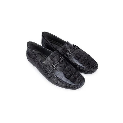 Grey Croco Textured Moccasins With Buckle