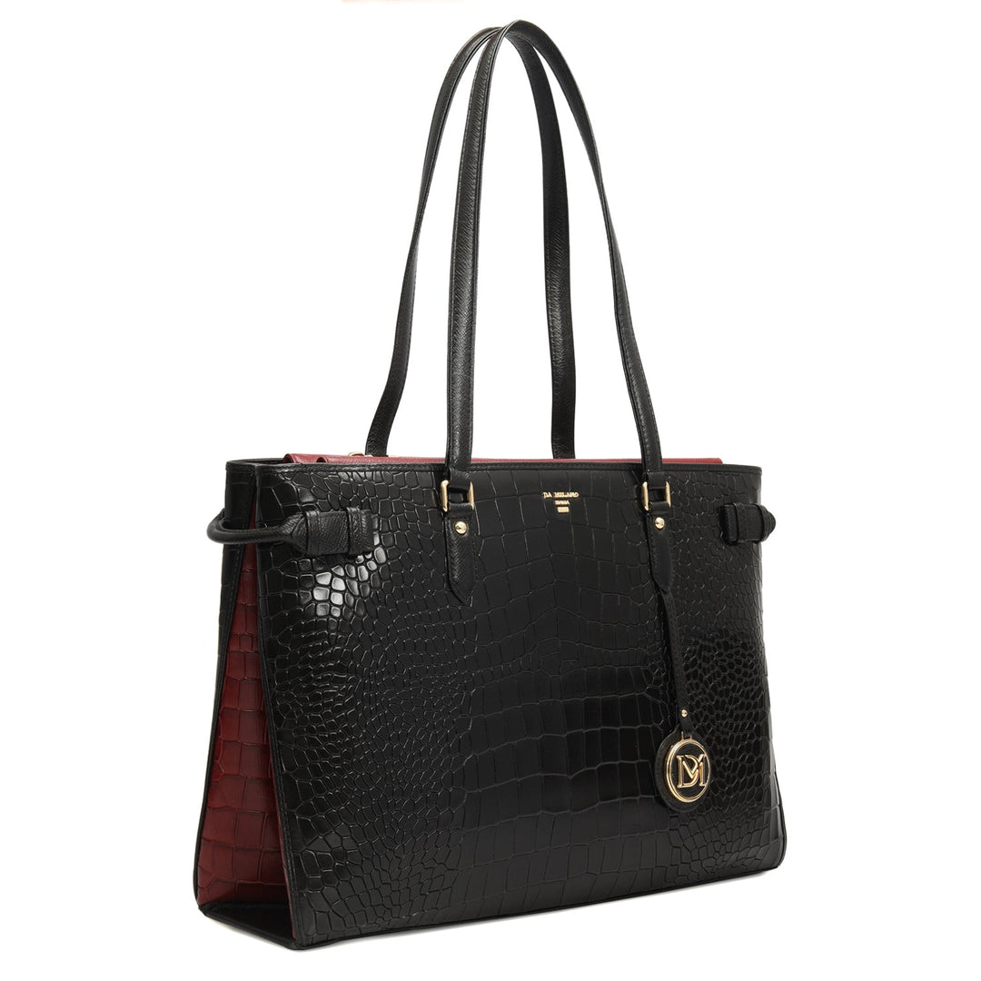 Medium Croco Leather Tote - Black