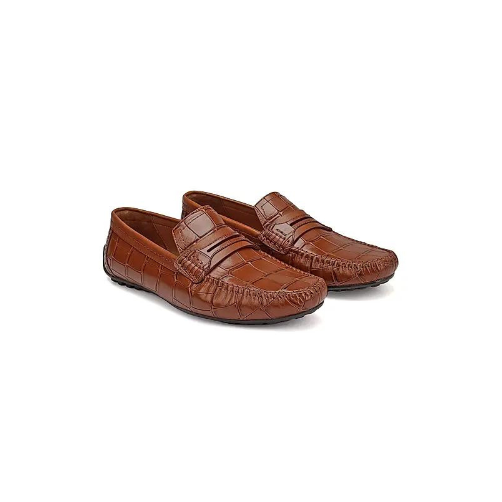 Tan Croco Textured Moccasins