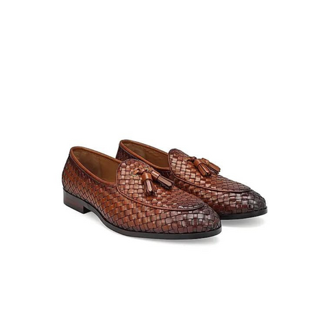 Tan Woven Leather Loafers With Tassels