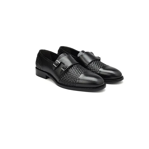 Black Textured Leather Monk Straps