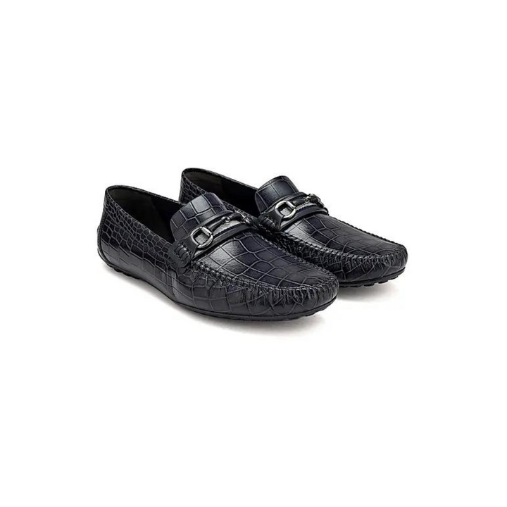 Navy Croco Textured Moccasins