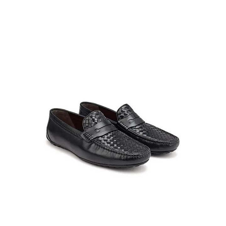 Black Woven Leather Moccasins