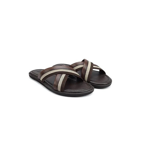 Coffee Criss Cross Leather Slippers