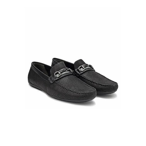 Black Laser Print Leather Moccasins