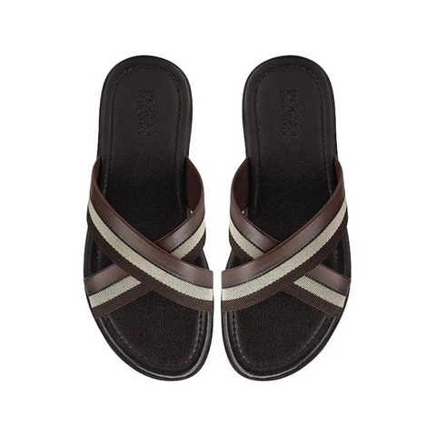 Coffee Criss Cross Leather Slippers