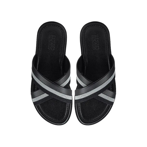 Black Criss Cross Leather Slippers