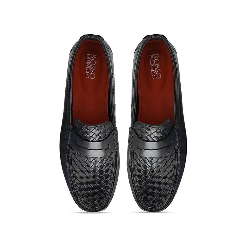 Black Woven Leather Moccasins