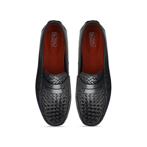 Black Woven Leather Moccasins